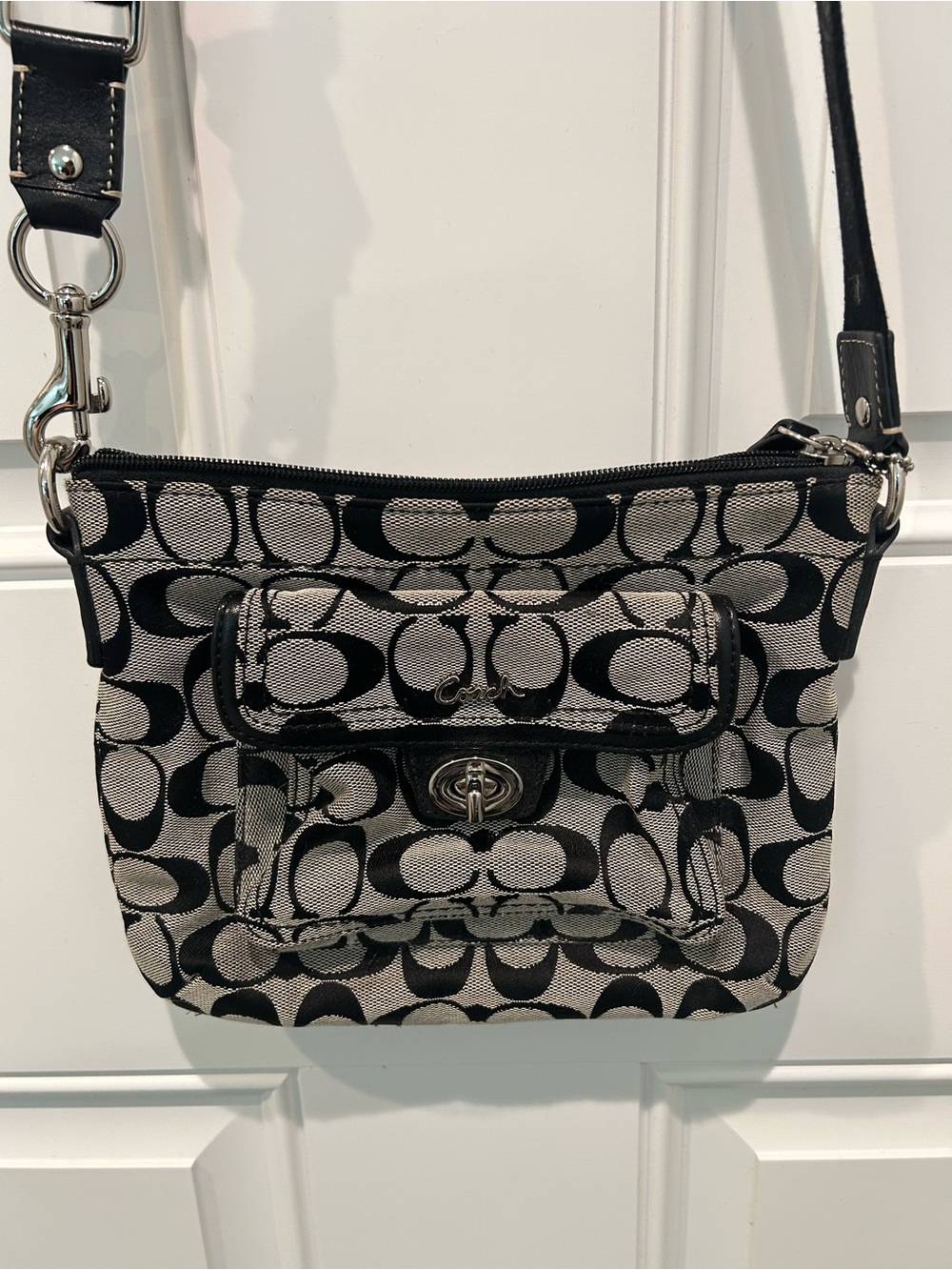 Coach Black and Gray Signature Crossbody with Turn-Lock Pocket